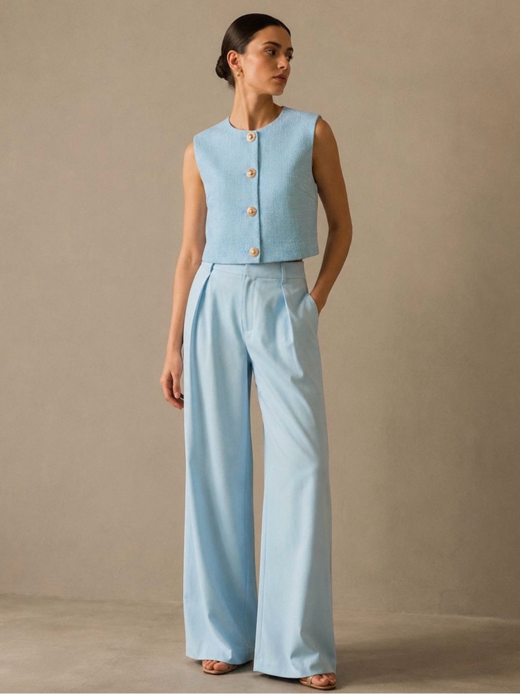 Sleeveless Textured Vest & Pleated Trousers Set